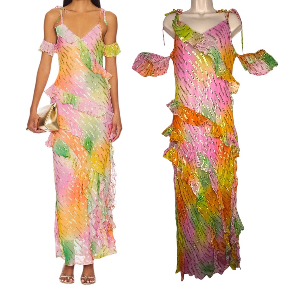 Never Fully Dressed Women Dress 14 Ombre Pink Amber Jacquard Metallic Asymmetric